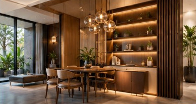 Custom dining area with backlit timber shelving and slatted wall joinery